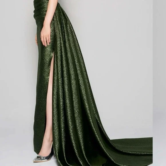 MNM Couture - N0356 Asymmetric Off-Shoulder Drape Train Evening Gown